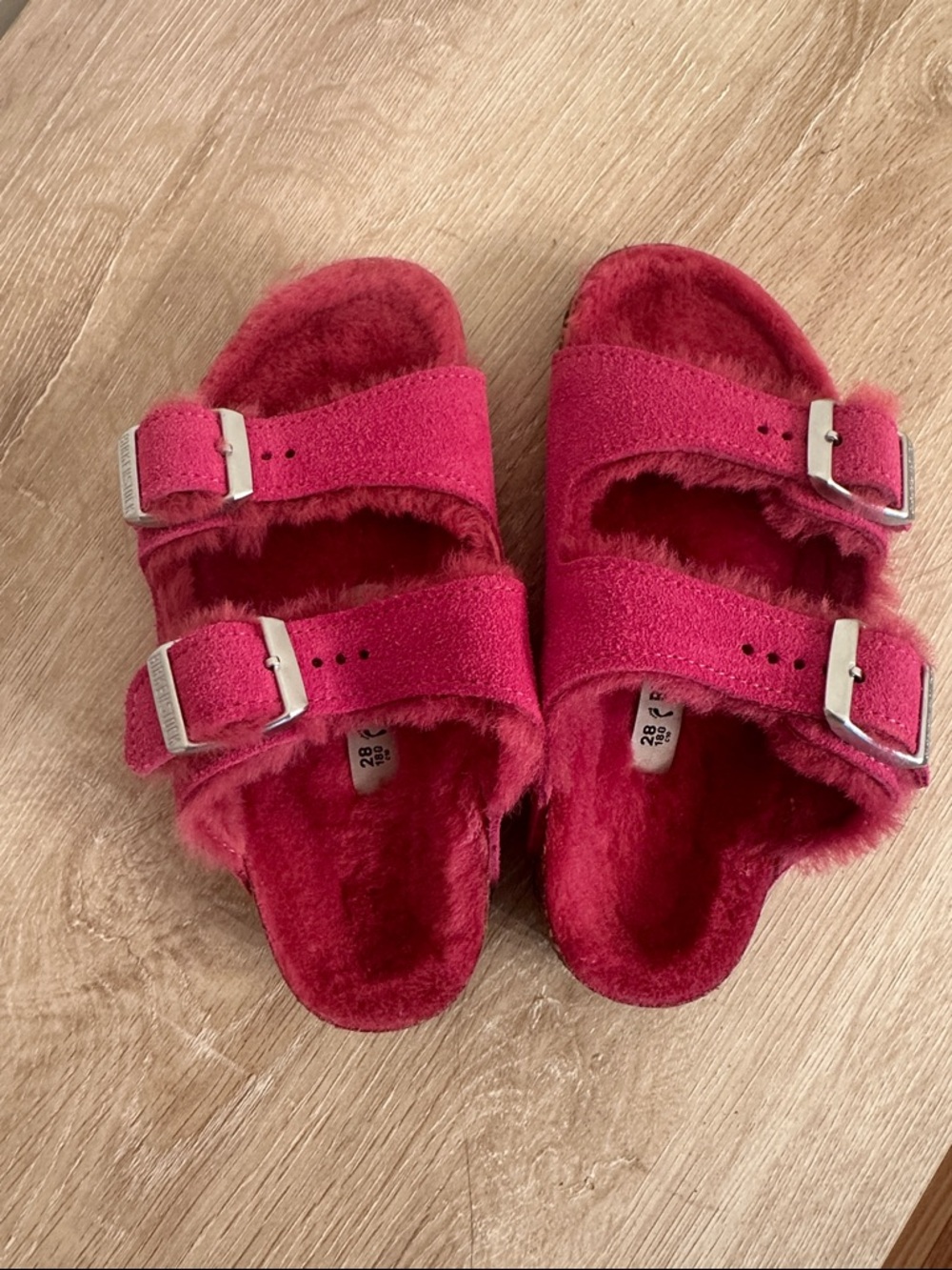 Girls pink fuzzy Birkenstocks. Size 28. Never worn